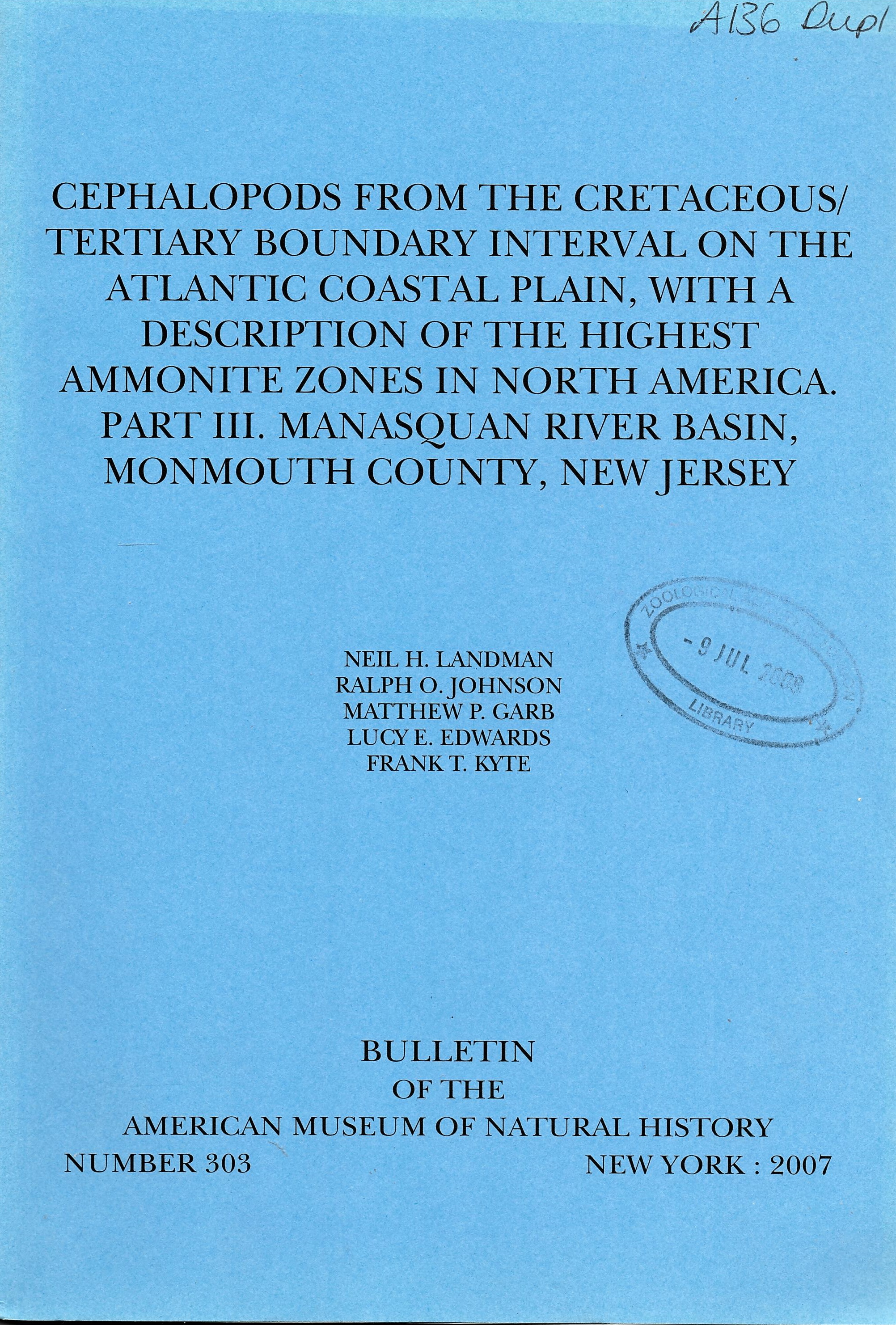 Landman, N.H.; Johnson, R.O.; Garb, M.P.; Edwards, L.E.; Kyte, F.T. - Cephalopods from Cretaceous/Tertiary Boundary Interval on the Atlantic Coastal Plain, with a description of the Highest Ammonite Zones in North America. Part III: Manasquan River Basin, Monmouth County, New Jersey