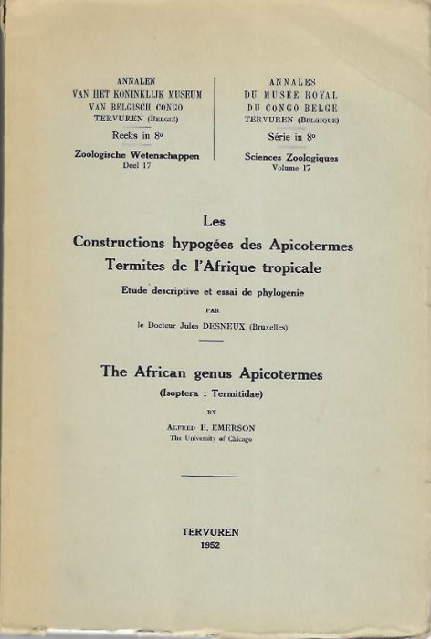 Desneaux, J. [1]; Emerson, A.E. [2] - [1] Les Constructions hypogees des Apicotermes Termites de L'Afrique tropical; [2] The African genus Apicotermes (Isoptera: Termitidae)