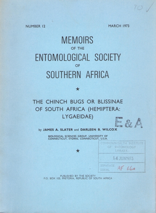 Slater, J.A.; Wilcox, D.B. - The Chinch Bugs or Blissinae of South Africa (Hemiptera: Lygaeidae)