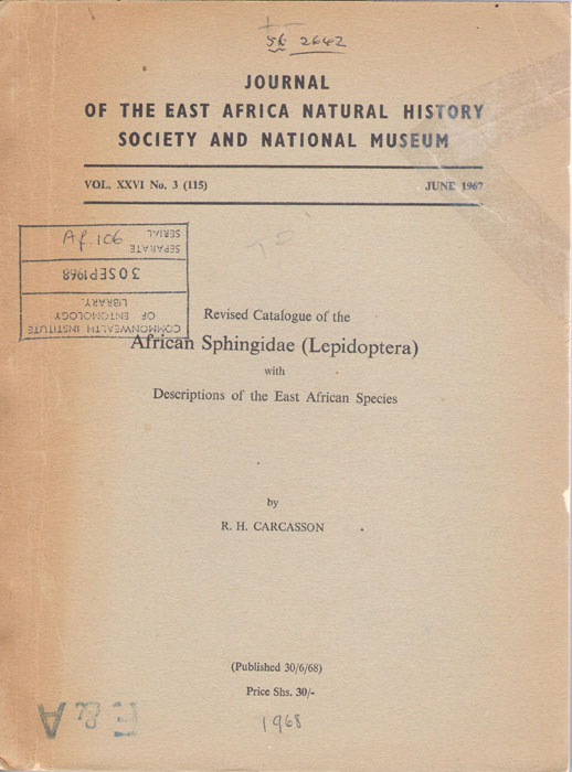 Carcasson, R.H. - Revised Catalogue of the African Sphingidae (Lepidoptera) with Descriptions of the East African Species