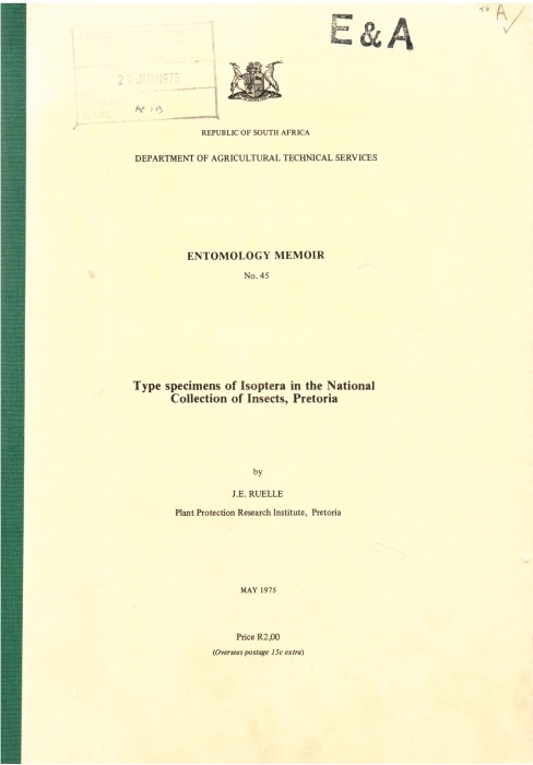 Ruelle, J.E. - Type Specimens of Isoptera in the National Collection of Insects, Pretoria