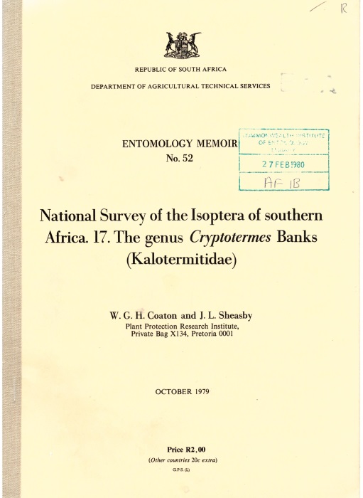 Coaton, W.G.H.; Sheasby, J.L. - National Survey of the Isoptera of Southern Africa. 17. The Genus Cryptotermes Banks (Kalotermitidae)