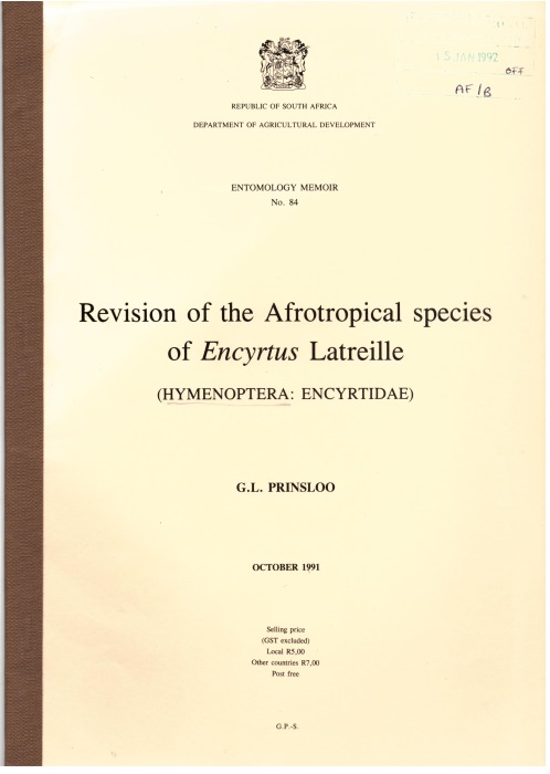 Prinsloo, G.L. - Revision of the Afrotropical species of Encyrtus Latreille
