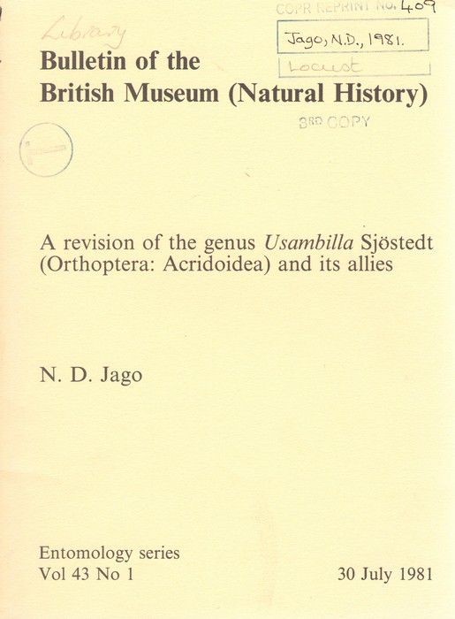 Jago, N.D. - A revision of the genus Usambilla Sjstedt (Orthoptera: Acridoidea) and its allies
