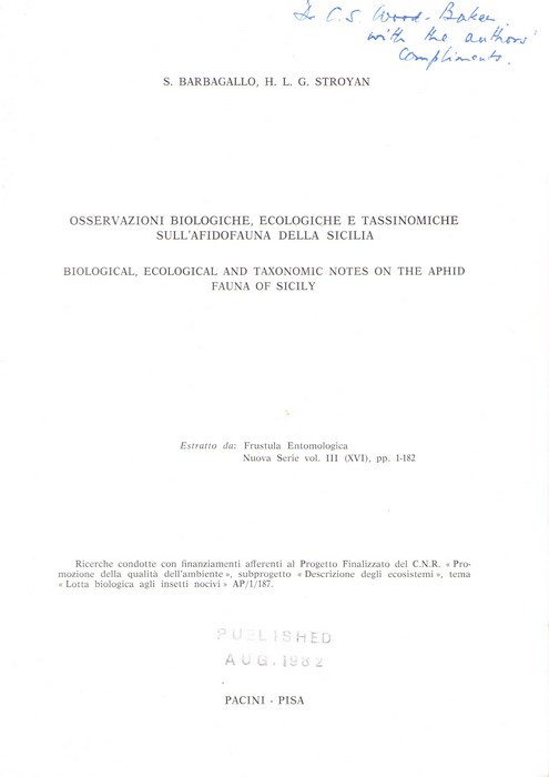 Barbagallo, S.; Stroyan, H.L.G. - Osservazioni biologiche, ecologiche e tassinomiche sull'Afidofauna della Sicilia / Biological, ecological and Taxonomic Notes on the Aphid Fauna of Sicily