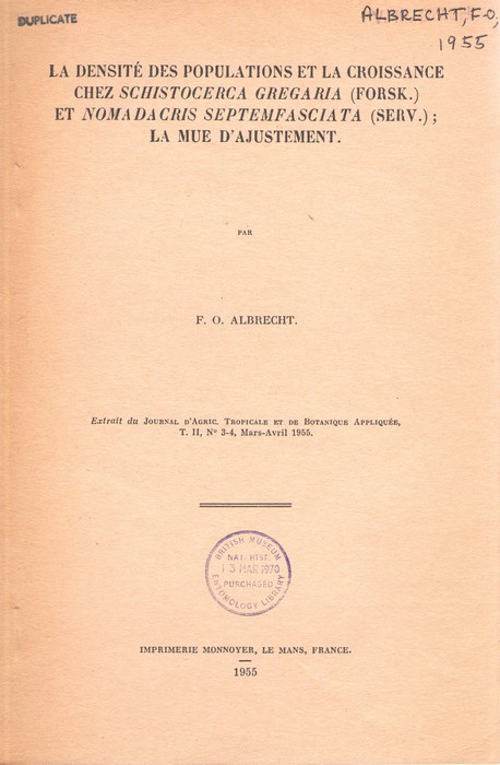 Albrecht, F.O. - La Densit des Populations et la Croissance chez Schistocerca Gregaria (Forsk.) et Nomadacris septemfasciata (Serv.); La mue D'ajustement