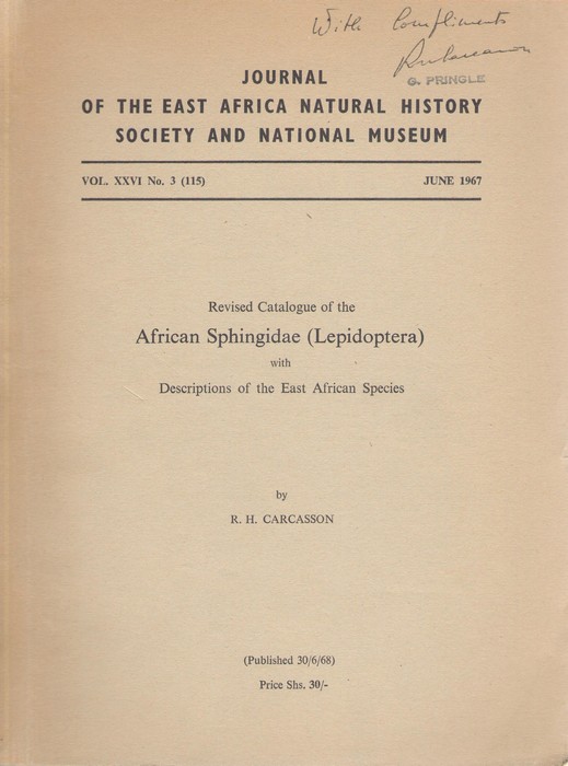 Carcasson, R.H. - Revised Catalogue of the African Sphingidae (Lepidoptera) with Descriptions of the East African Species