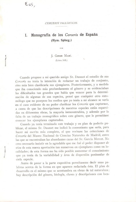 Giner Mari, J. - Cerceris Palearcticos I: Monografia de los Cerceris de Espaa (Hym. Spheg.)