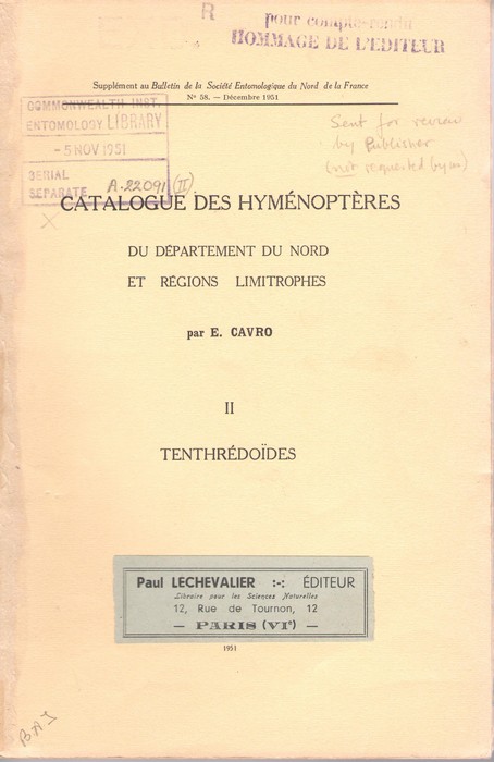 Cavro, E. - Catalogue des Hymenopte`res du departement du nord et regions limitrophes: II Tenthrdodes