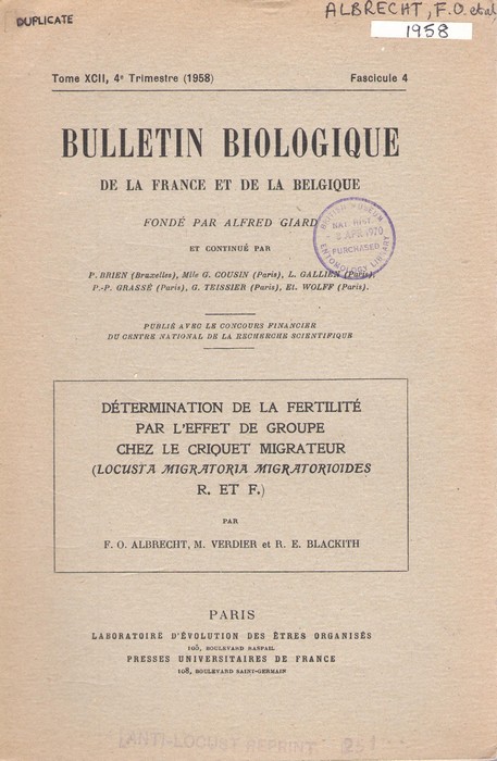 Albrecht, F.O.; Verdier, M.; Blackith, R.E. - Determination de la fertilite par L'effet de groupe chez le criquet migrateur (Locusta migratoria migratorioides R. et F.)