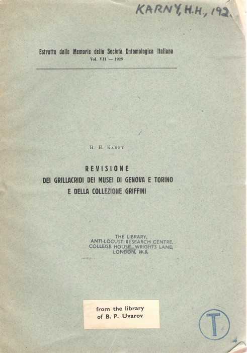 Karny, H.H. - Revisione dei Grillacridi dei Musei di Genova e Torino e della Collezione Griffini