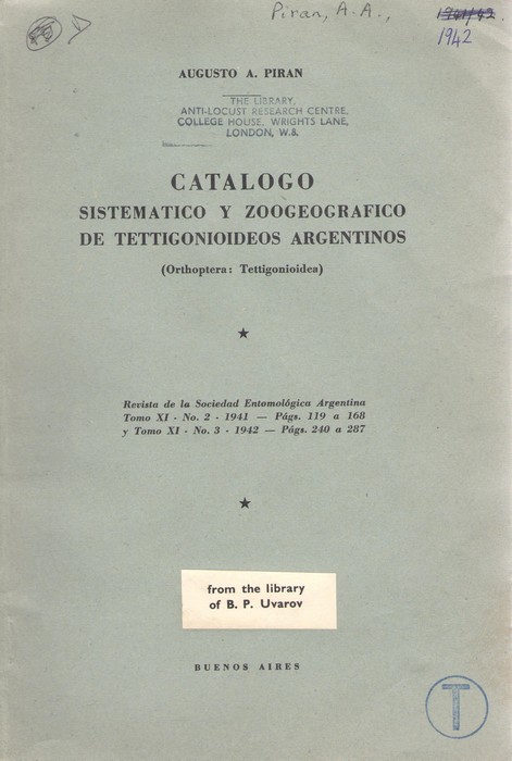 Piran, A.A. - Catalogo Sistematico y Zoogeorgrafico de Tettigonoioideos Argentinos (Orthoptera: Tettigonioidea)
