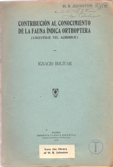 Bolivar, I. - Contribucin al Conocimiento de la Fauna ndica Orthoptera (Locustid vel Acridiid)