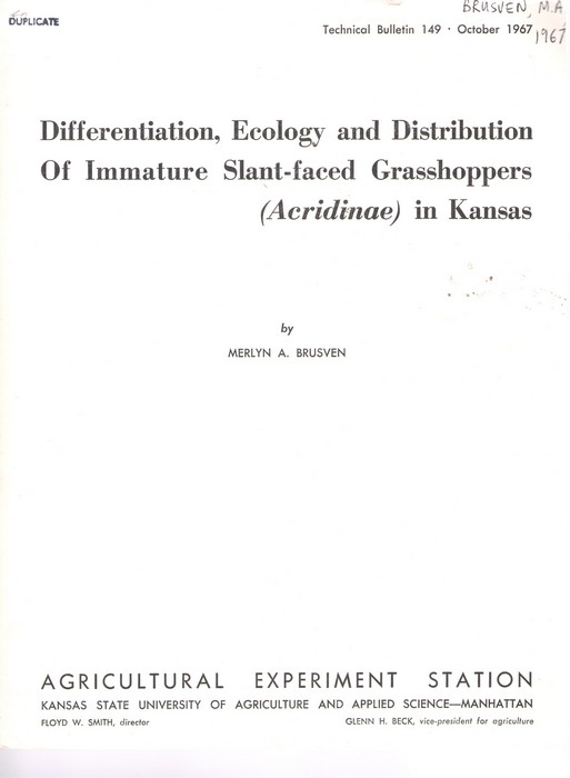 Brusven, M.A. - Differentiation, Ecology and Distribution of Immature Slant-faced Grasshoppers (Acridinae) in Kansas