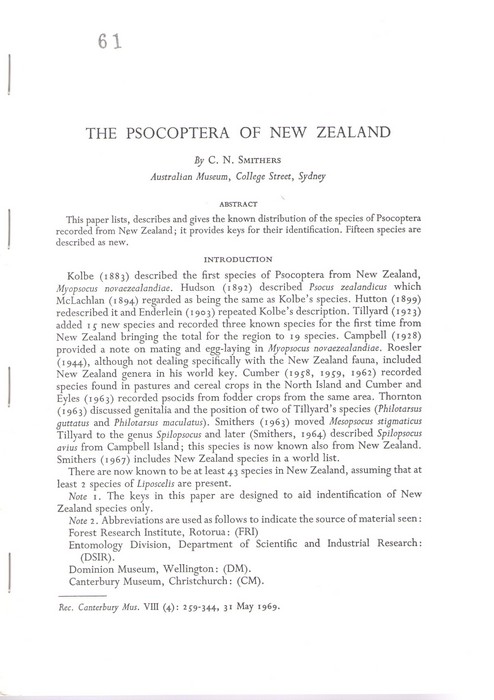 Smithers, C.N. - The Psocoptera of New Zealand