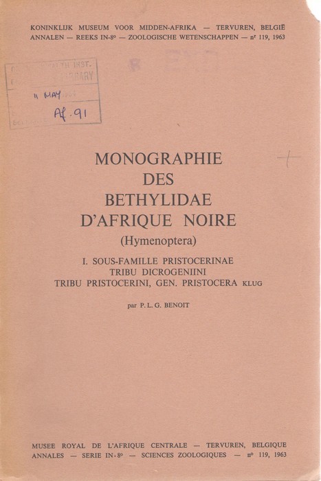 Benoit, P.L.G. - Monographie des Bethylidae D'Afrique Noire (Hymenoptera): I. Sous-Famille Pristocerinae Tribu Dicrogeniini Tribu Pristocerini, Gen. Pristocera