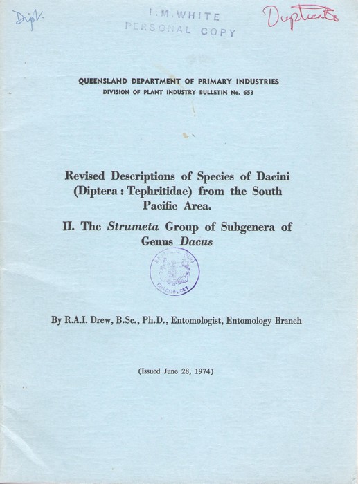 Drew, R.A.I. - Revised Descriptions of Species of Dacini (Diptera: Tephritidae) from the South Pacific Area: I. Genus <i>Callantra</i> and the <i>Dacus</i> Group of Sugenera of Genus <i>Dacus</i> / II. The <i>Strumeta</i> Group of Subgenera of Genus <i>Dacus</i>