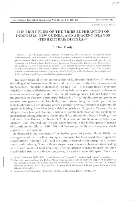 Hardy, D.E. - The Fruit Flies of the Tribe Euphrantini of Indonesia, New Guinea, and Adjacent Islands (Tephritidae: Diptera)