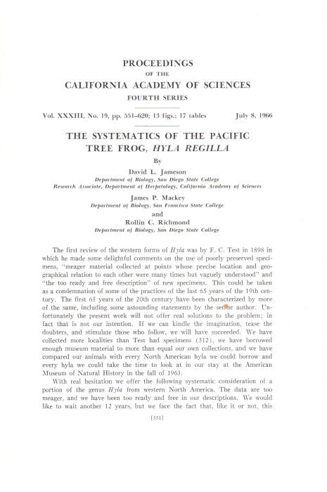 Jameson, D.L.; Mackey, J.P.; Richmond, R.C. - Systematics of the Pacific Tree Frog, Hyla regilla