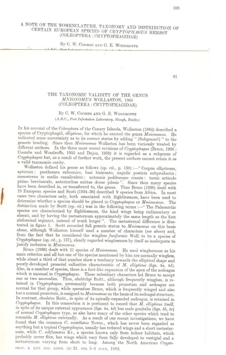 Coombs, C.W.; Woodroffe, G.E. - The Taxonomic Validity of the Genus Mnionomus Wollaston, 1864 (Coleoptera: Cryptophagidae)/ A note on the Nomenclature, Taxonomy and distribution of certain European species of Cryptophagus Herbst (Coleoptera: Cryptophagidae)