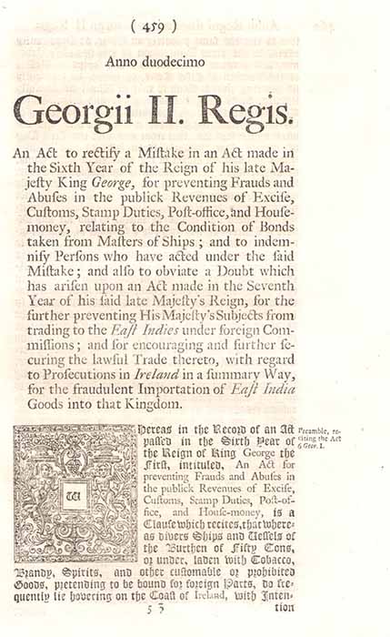  - An Act for preventing Frauds and Abuses in the publick Revenues of Excise, Customs, Stamp Duties, Post-Office, and House-Money, relating to the Condition of Bonds taken from Masters of Ships: Anno duodecimo, Georgii II. Regis