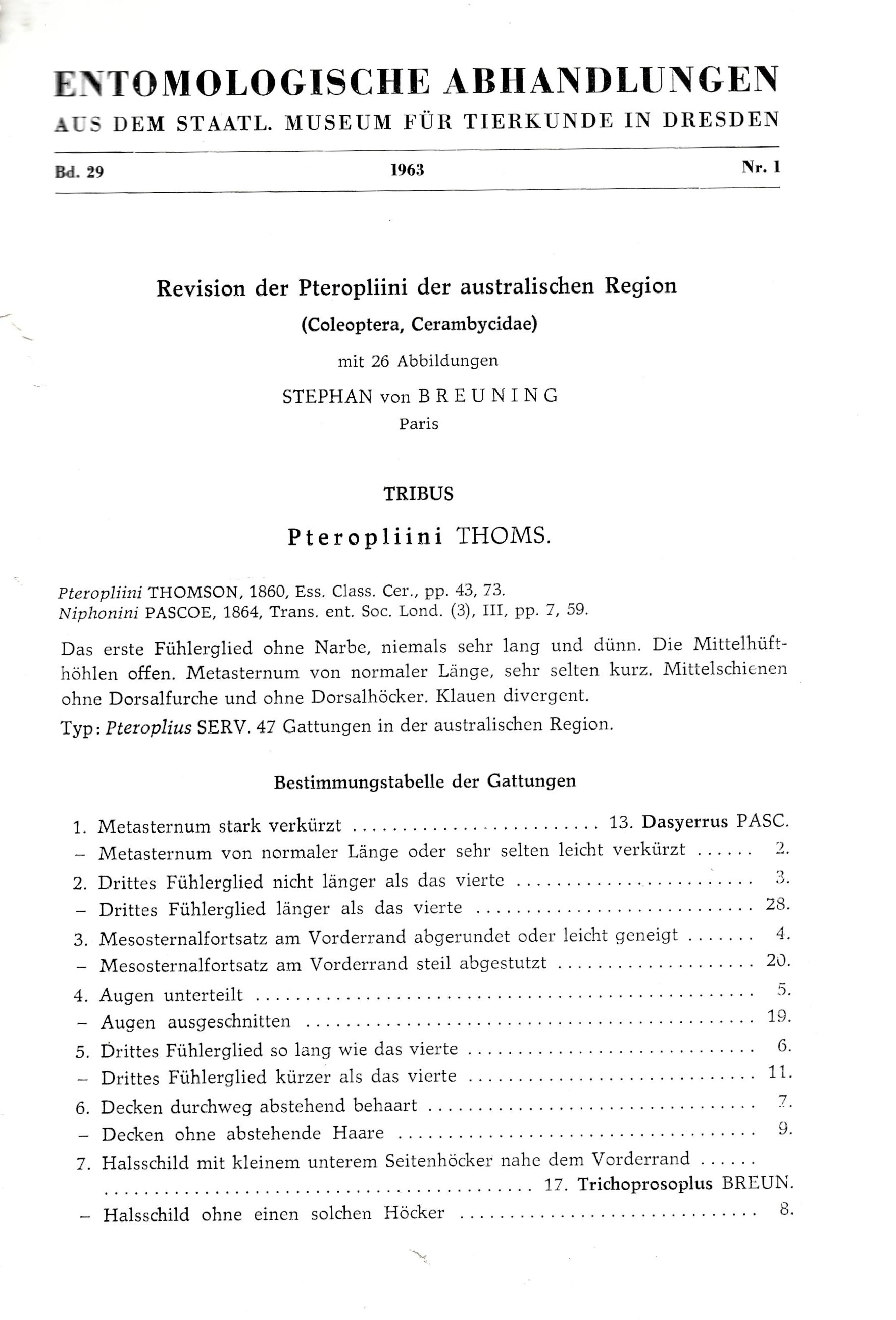 Breuning, S. - Revision der Pteropliini der australischen Region (Coleoptera, Cerambycidae)