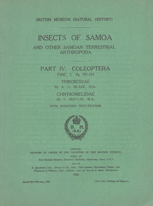 Blair, K.G.; Maulik, S. - Insects of Samoa. Pt IV. Coleoptera: Fasc. 3: Throscidae and Chrysomelidae