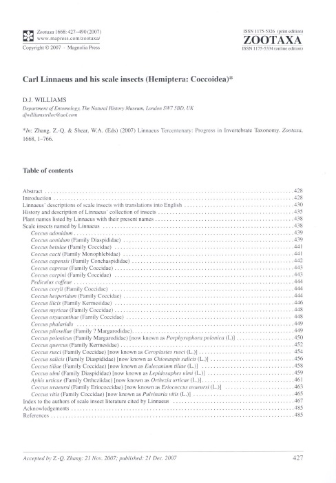 Williams, D.J. - Carl Linnaeus and his scale insects (Hemiptera: Coccoidea)