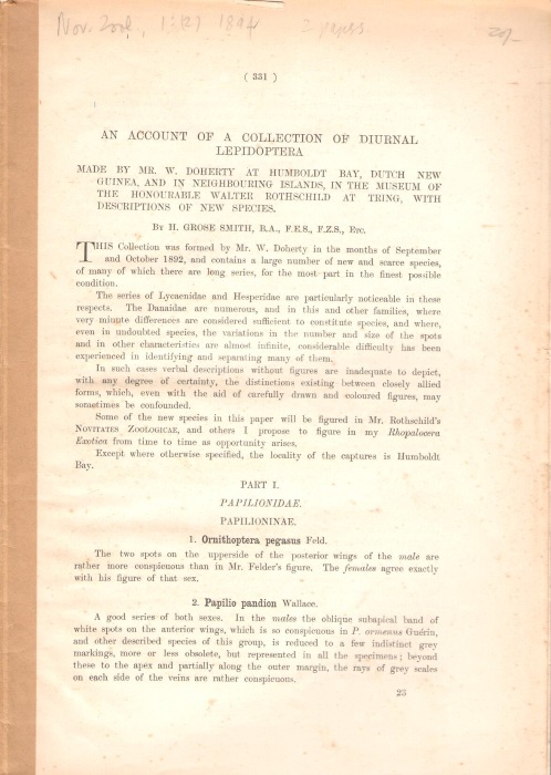 Grose-Smith, H. (1); Warren, W. (2) - (1) An Account of a Collection of Diurnal Lepidoptera Made by Mr. W. Doherty at Humboldt Bay, Dutch New Guinea, and in Neighbouring Islands, in the Museum of the Honourable Walter Rothschild at Tring, with Descriptions of New Species / (2) New Genera and