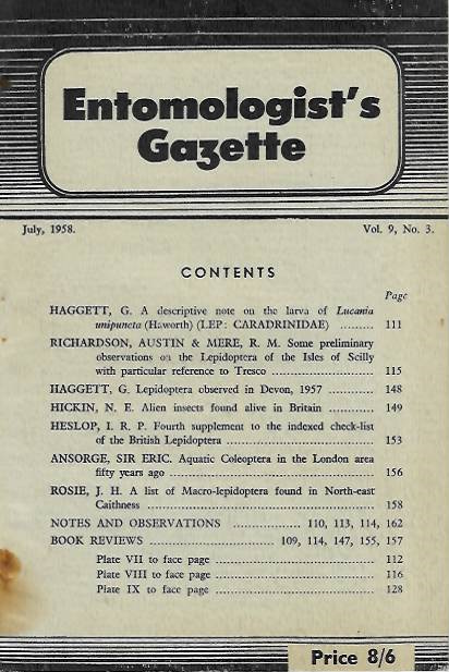  - Entomologist's Gazette. Vol. 9, Part 3 (1958)