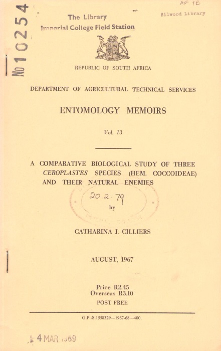 Cilliers, C.J. - A Comparative Biological Study of Three Ceroplastes Species (Hem. Coccoideae) and their Natural Enemies