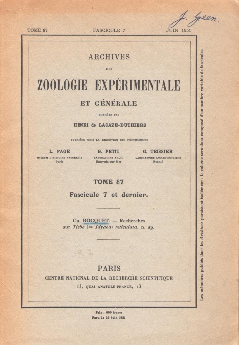 Bocquet, C. - Recherches sur Tisbe (=Idyaea) reticulata, n. sp.