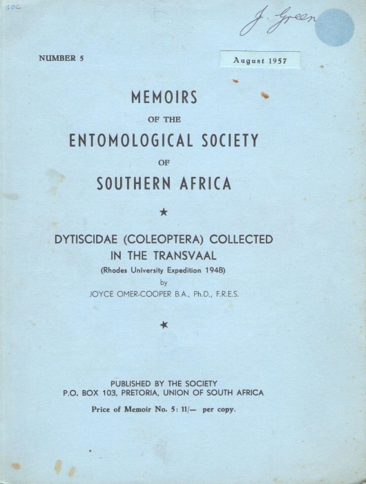 Omer-Cooper, J. - Dytiscidae (Coleoptera) collected in the Transvaal: (Rhodes University Expedition 1948)