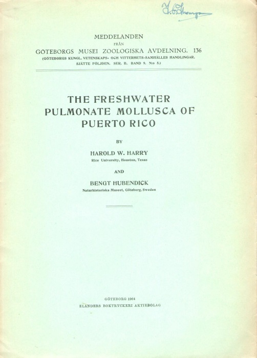 Harry, H.W.; Hubendick, B. - The freshwater pulmonate Mollusca of Puerto Rico