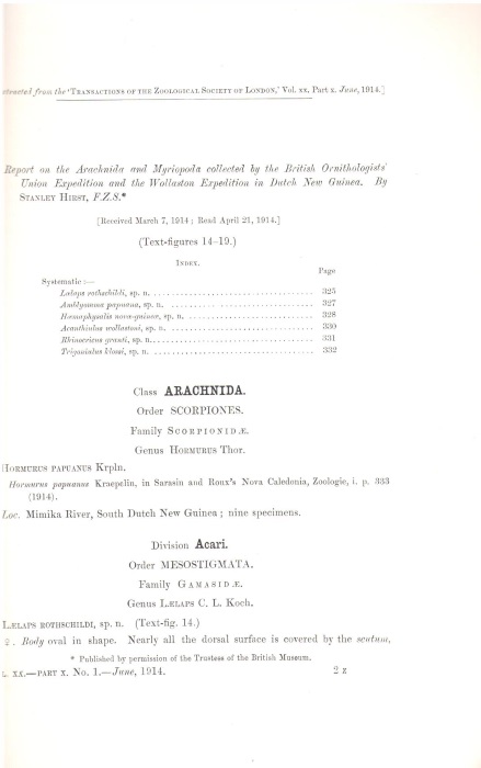 Hirst, S. - Report on the Arachnida and Myriapoda collected by the British Ornithologists' Union Expedition and the Wollaston Expedition in Dutch New Guinea
