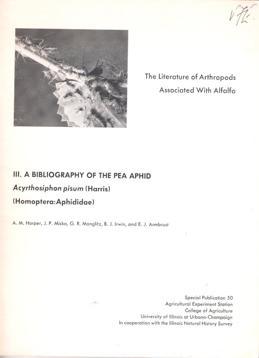 Harper, A.M.; Miska, J.P.; Manglitz, G.R.; Irwin, B.J.; Armburst, E.J. - The Literature of Arthropods Associated with Alfalfa III. A Bibliography of the Pea Aphid, Acyrthosiphon pisum (Harris) (Homoptera:Aphididae)