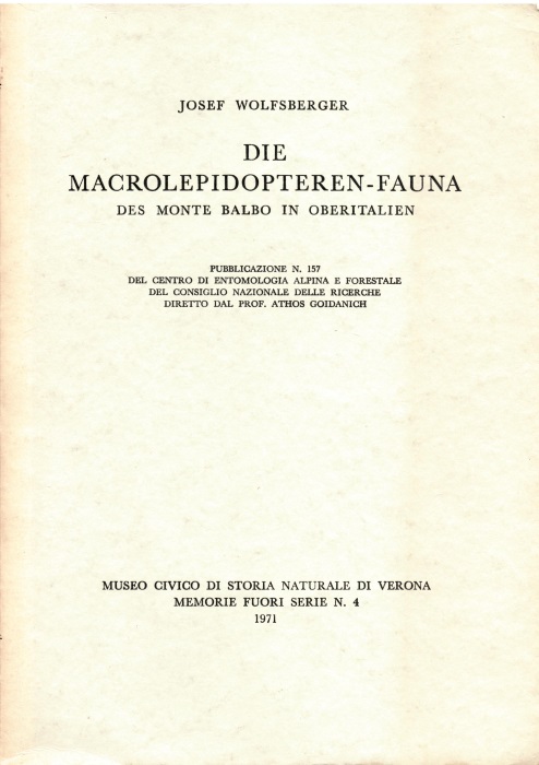 Wolfsberger, J. - Die Macrolepidopteren-Fauna des Monte Balbo in Oberitalien