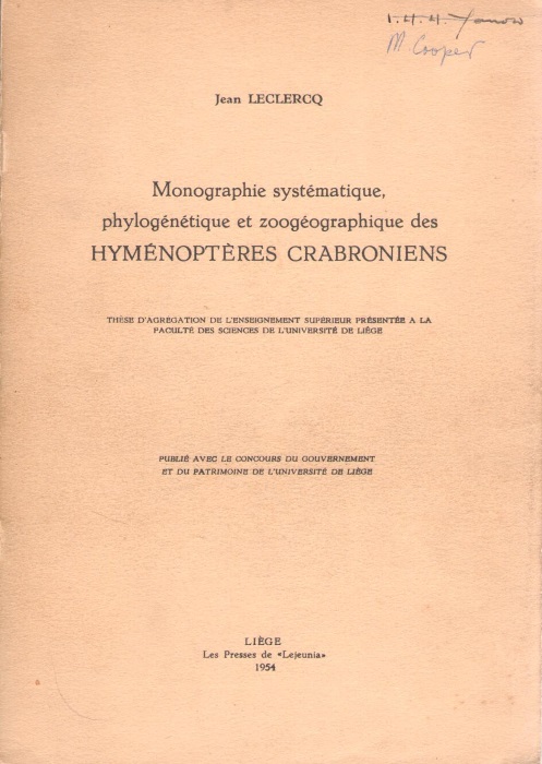 Leclercq, J. - Monographie systmatique, phylogntique et zoogographique des Hymnoptres Crabroniens