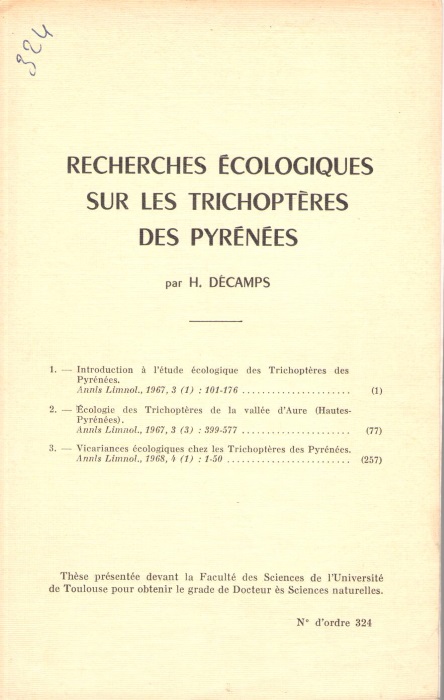 Dcamps, H. - Recherches cologiques sur les Trichoptres des Pyrnes