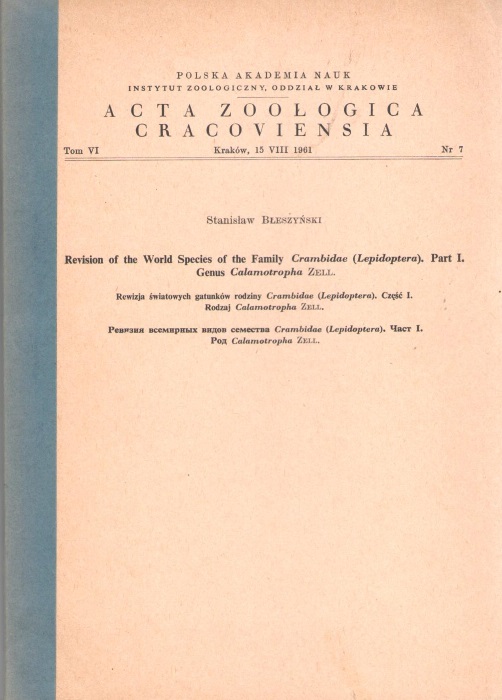 Bleszynski, S. - Revision of the World Species of the family Crambidae (Lepidoptera). Part I. Genus Calamotropha Zell.
