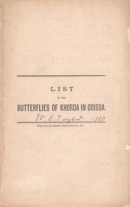 Taylor, W.C.; de Nicville, L. - List of the Butterflies of Khorda in Orissa