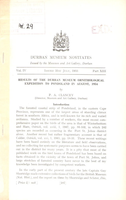 Clancey, P.A. - Results of the Durban Museum ornithological expedition to Pondoland in August, 1954