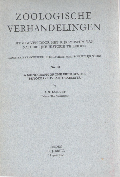 Lacourt, A.W. - A Monograph of the Freshwater Bryozoa - Phylactolaemata