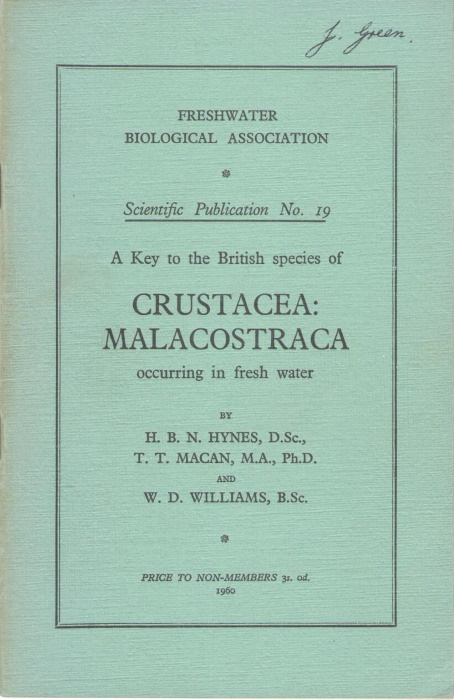 Hynes, H.B.N.; Macan, T.T.; Williams, W.D. - A Key to the British Species of Crustacea: Malacostraca occurring in Freshwater: with notes on their Ecology and Distribution