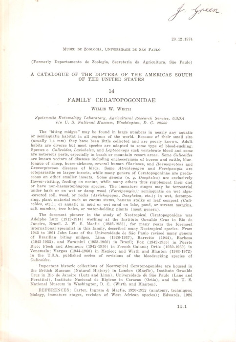 Wirth, W.W. - A Catalogue of the Diptera of the Americas south of the United States No. 14: Ceratopogonidae