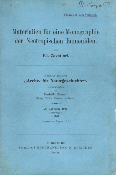 Zavattari, E. - Materialien fr eine Monographie der Neotropischen Eumeniden