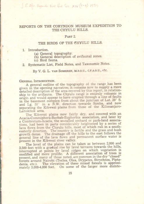 Van Someren, V.G.L. - Reports on the Coryndon Museum Expedition to the Chyulu Hills, part 2. The birds of the Chyulu Hills