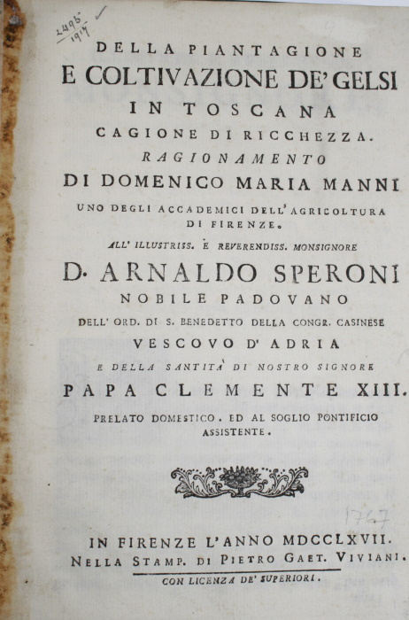 Manni, Domenico Maria - Della piantagione e coltivazione de' gelsi in Toscana cagione di ricchezza