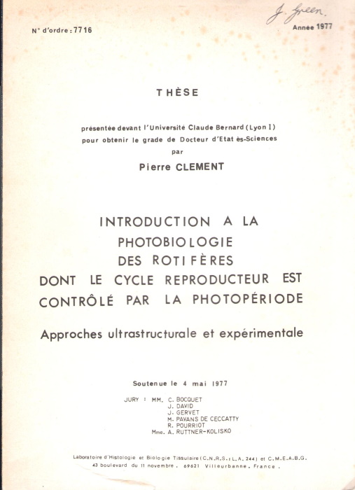 Clement, P. - Introduction  la photobiologie des rotifres dont le cycle reproducteur est contrl par la photopriode: approches ultrastructurale et exprimentale