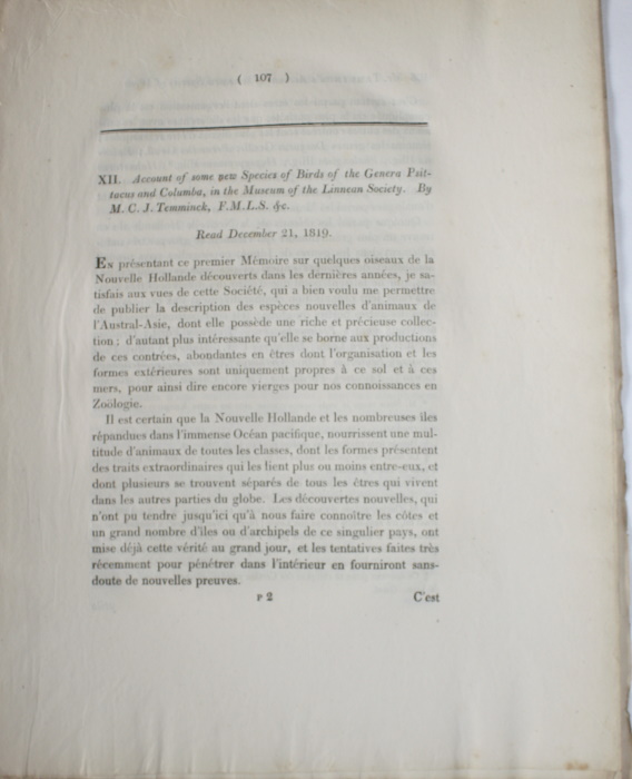 Temminck, C.J. - Account of some new Species of Birds of the genera Psittacus and Columba, in the Museum of the Linnean Society